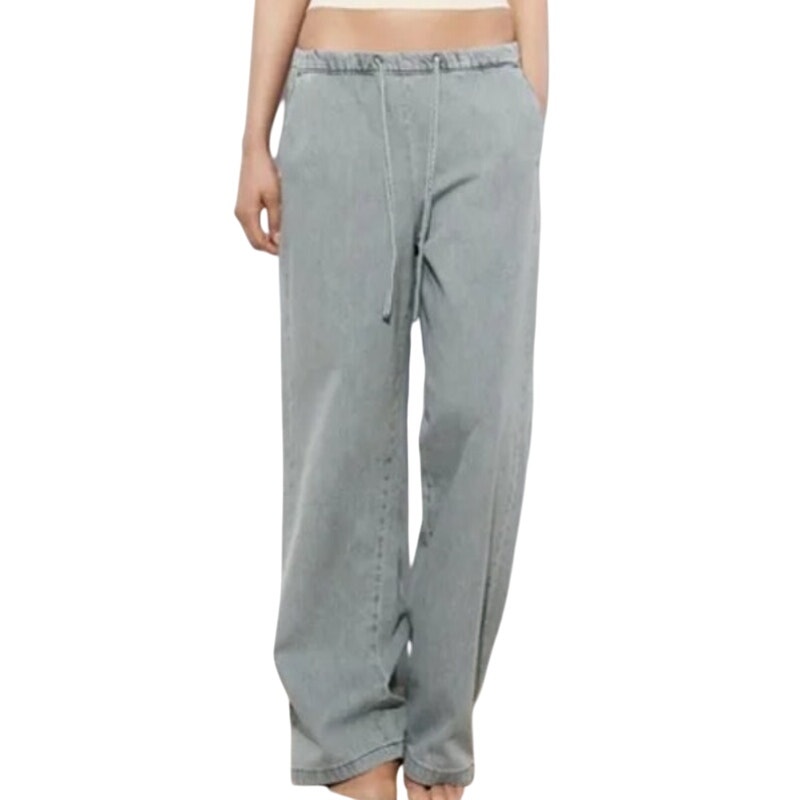 Zara L Womens Wide Leg Jogger Jeans 100% Cotton Wash Dyed Gray Lounge